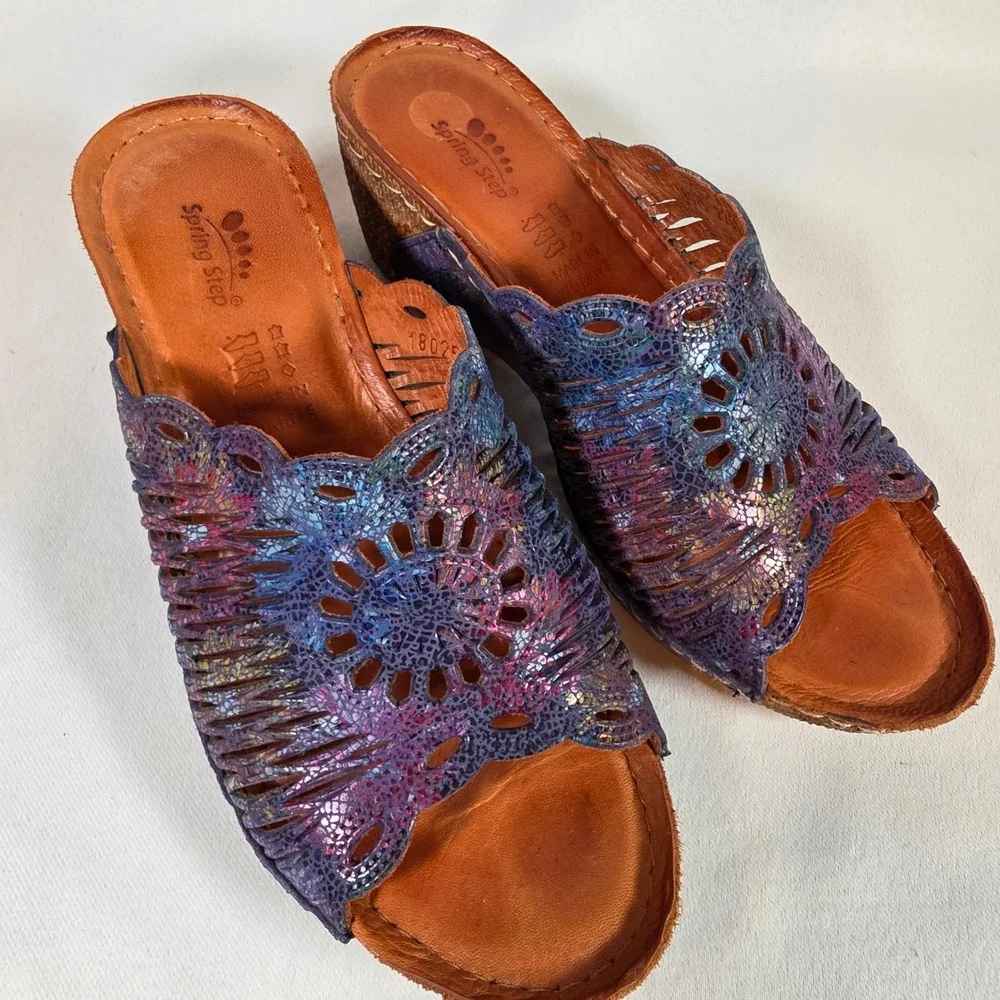 Spring Step Purple Iridescent Leather Womens 38 Wedge Slide Sandals Laser Cut